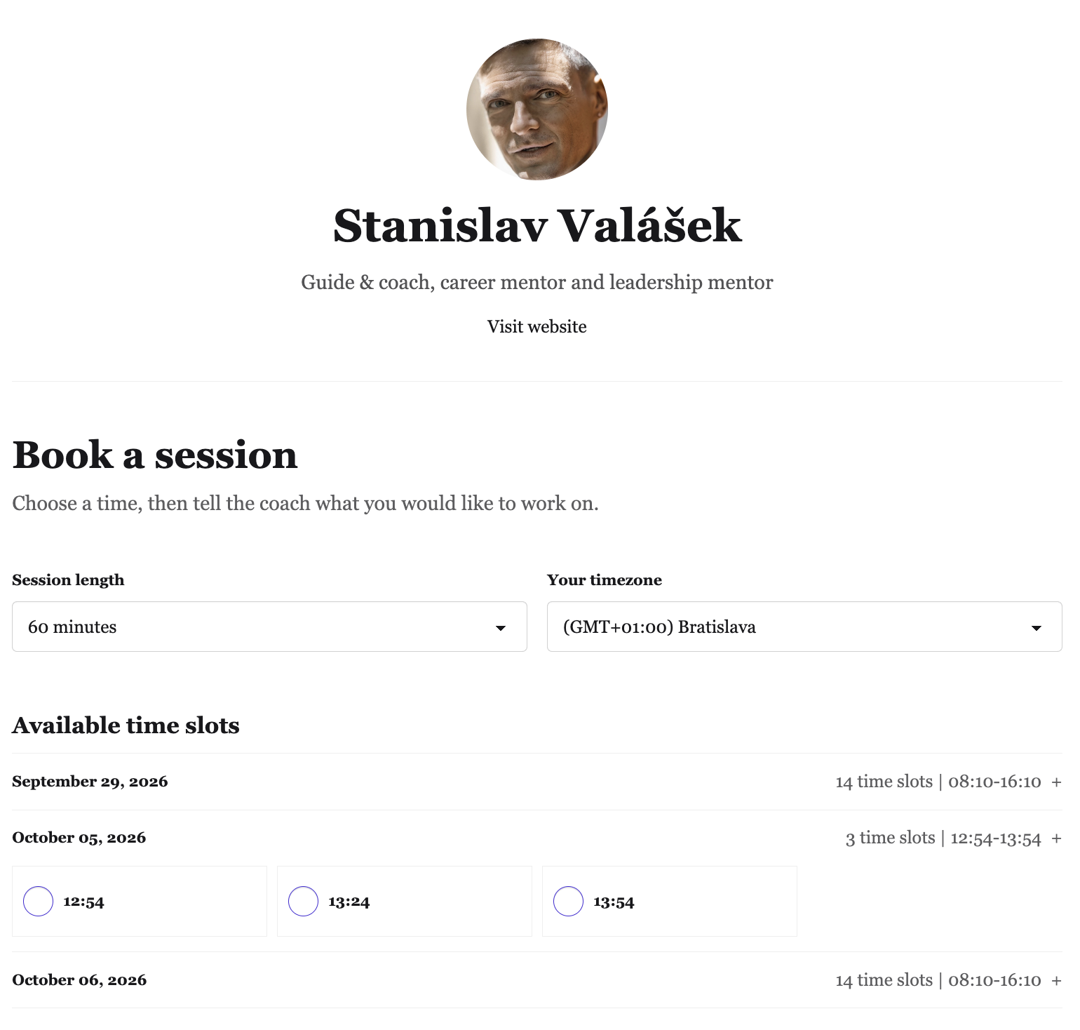 Online booking form with available session times